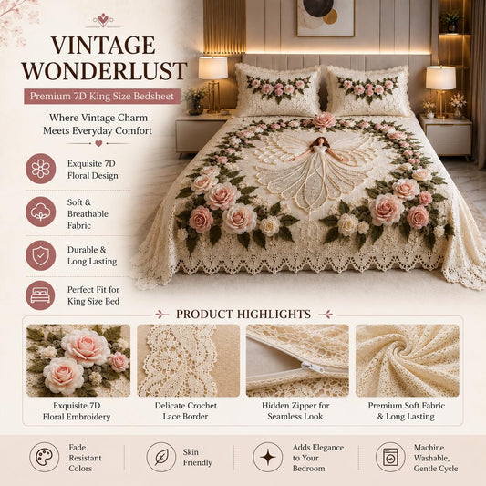 Premium 7D Cotton Blend King Size Bedsheet Set with 2 Pillow Covers | Ivory Rose Floral Design | Soft, Breathable & Luxury Bed Linen (90x100 inches)